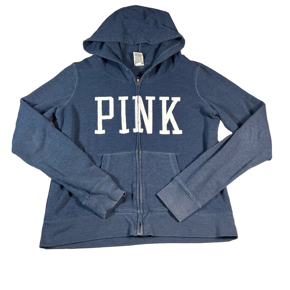 PINK Victoria's Secret Full Zip Hoodie Blue White Logo Fleece L